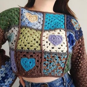 Crochet Bluesy Hearts Cropped Sweater